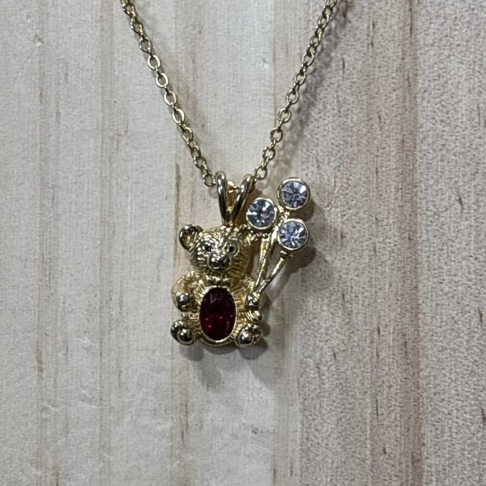 Vintage DM C99 Gold Tone Teddy Bear Pendant Necklace Red Stone Rhinestones Cute